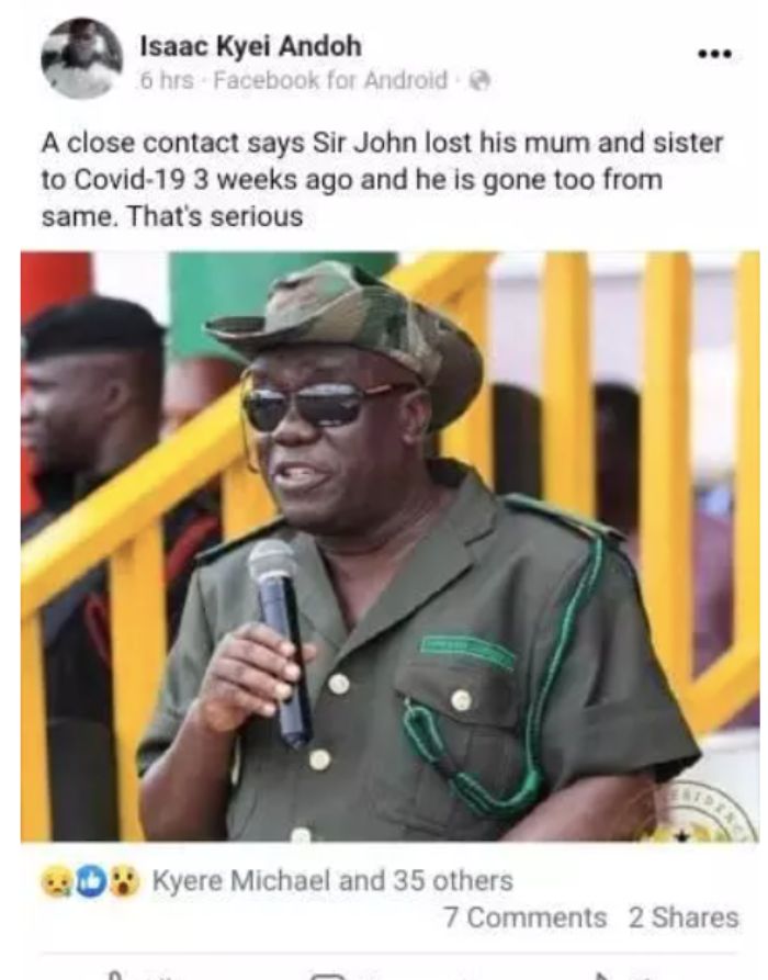 Sir John Sister died of coronavirus