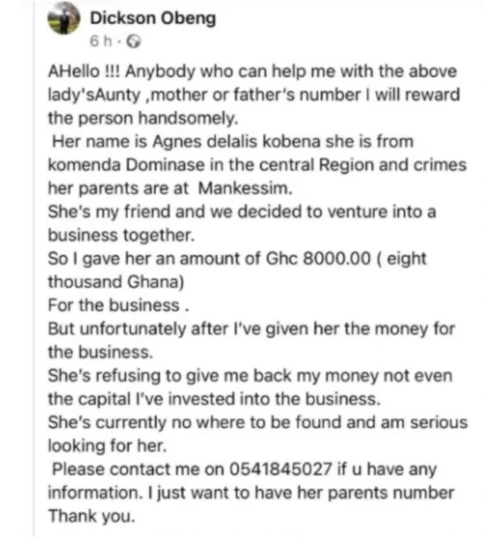 Ghanaian lady scams her business partner GH¢8000