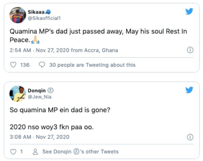 Quamina MP loses father 