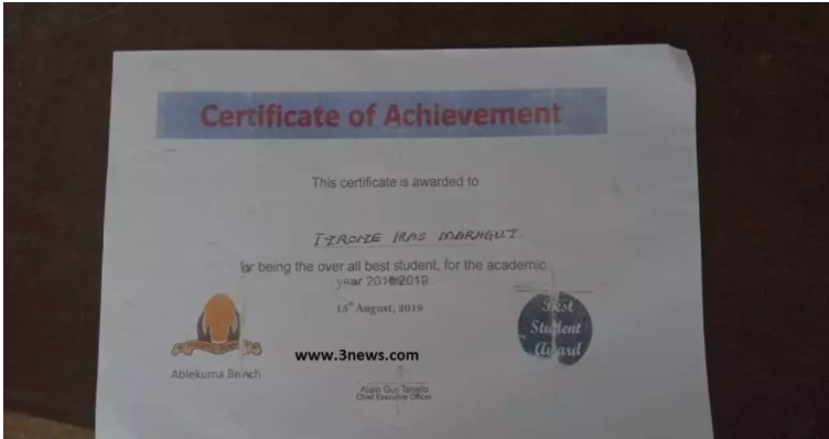 Certificate of the Rasta student rejected by Achimota School
