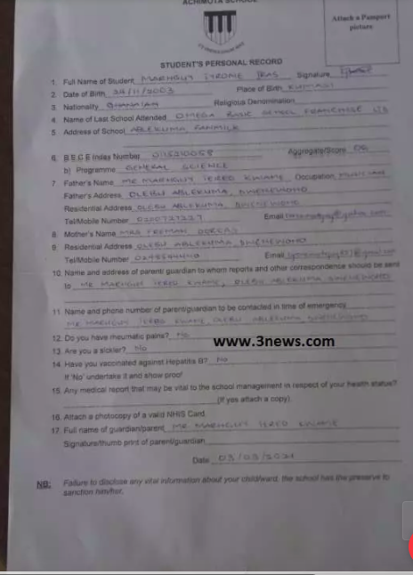 Certificate of the Rasta student rejected by Achimota School