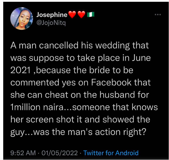 Man cancels wedding with fiancée 