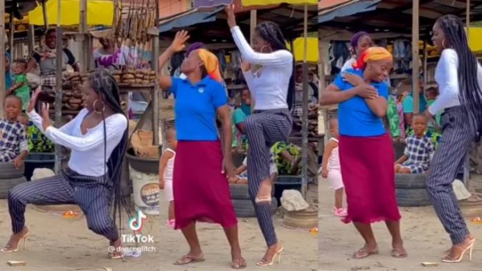 Pretty Lady on Heels Challenges Market Women To Buga Dance —VIDEO